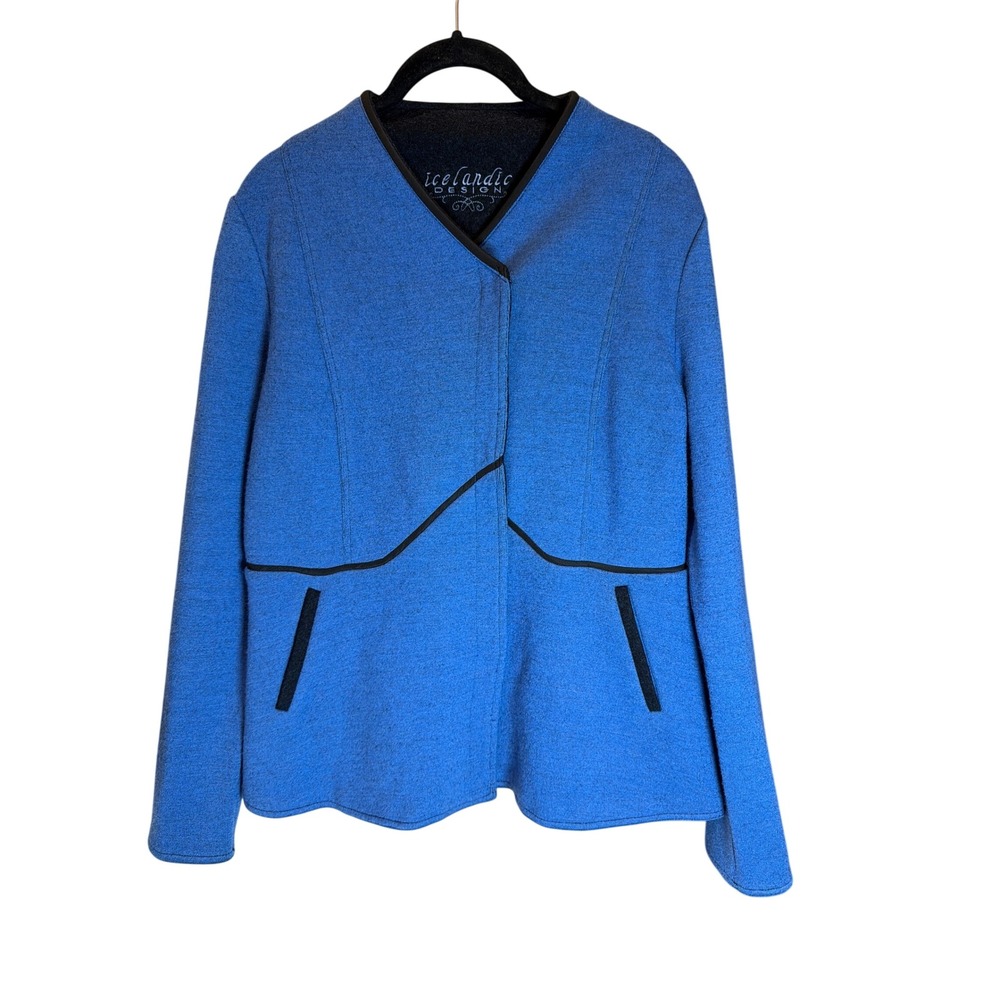 Icelandic Design Women Blue 100% Wool Asymmetrical Snap Front Knit Jacket Size M